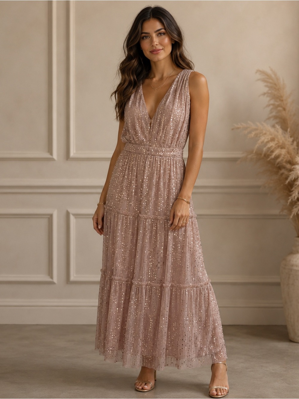 Lulu's Dusty Rose Sequin Tiered V-Neck Maxi Dress